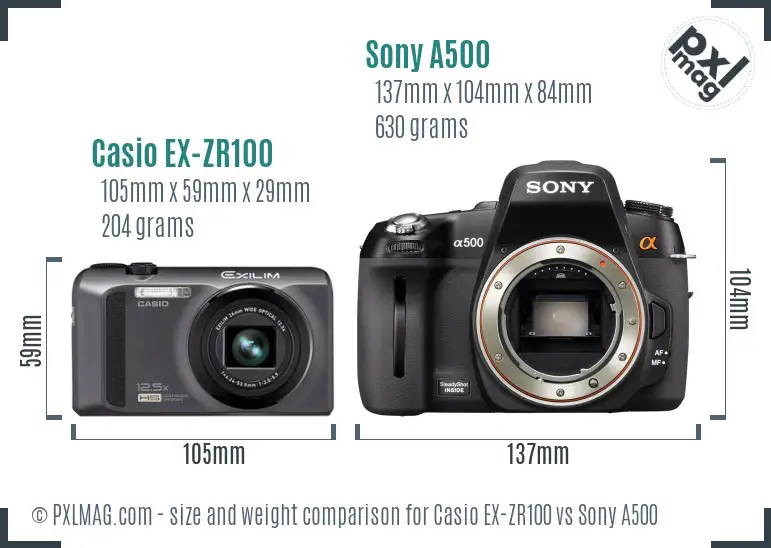 Casio EX-ZR100 vs Sony A500 size comparison Casio EX-ZR100 vs Sony A500 size comparison