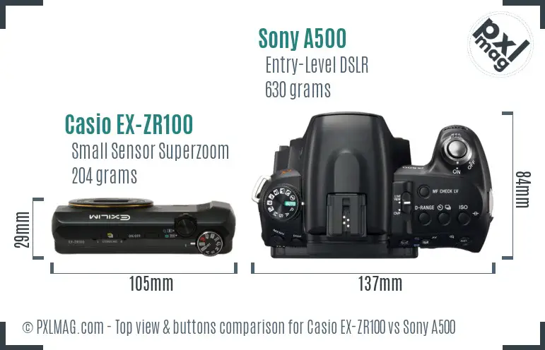 Casio EX-ZR100 vs Sony A500 top view buttons comparison Casio EX-ZR100 vs Sony A500 top view buttons comparison