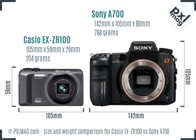 Casio EX-ZR100 vs Sony A700 size comparison