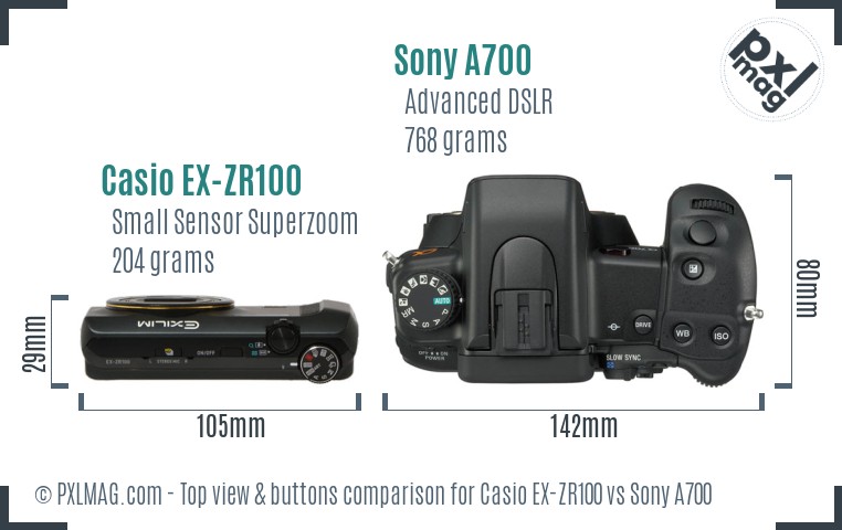 Casio EX-ZR100 vs Sony A700 top view buttons comparison