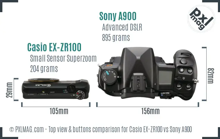 Top view design and control layout comparison of EX-ZR100 (left) and Sony A900 (right)