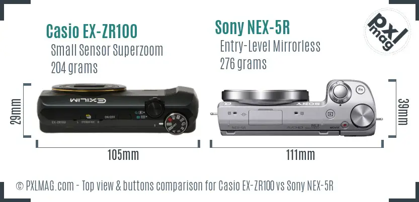 Casio EX-ZR100 vs Sony NEX-5R top view buttons comparison Casio EX-ZR100 vs Sony NEX-5R top view buttons comparison