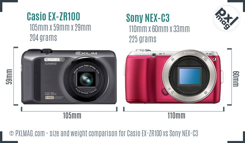 Casio EX-ZR100 vs Sony NEX-C3 size comparison Casio EX-ZR100 vs Sony NEX-C3 size comparison