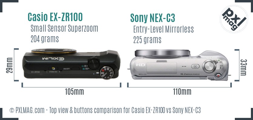 Casio EX-ZR100 vs Sony NEX-C3 top view buttons comparison
