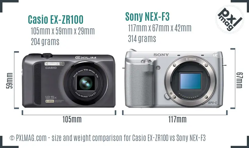 Casio EX-ZR100 vs Sony NEX-F3 size comparison