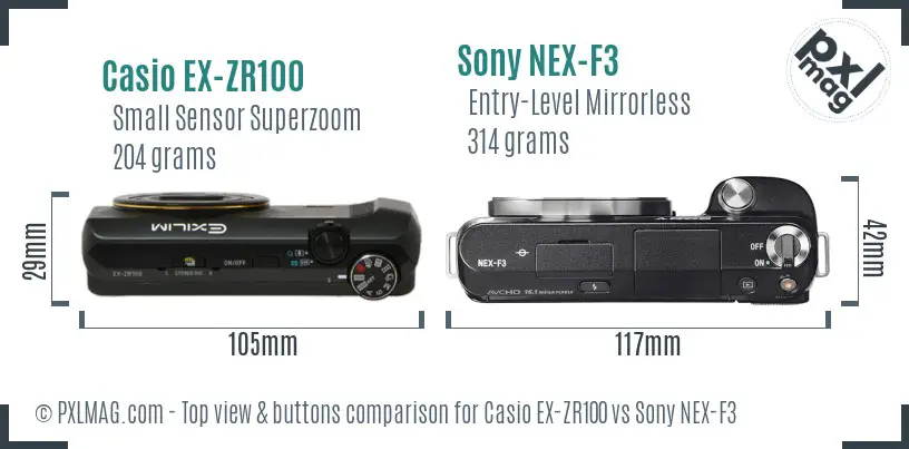 Casio EX-ZR100 vs Sony NEX-F3 top view buttons comparison