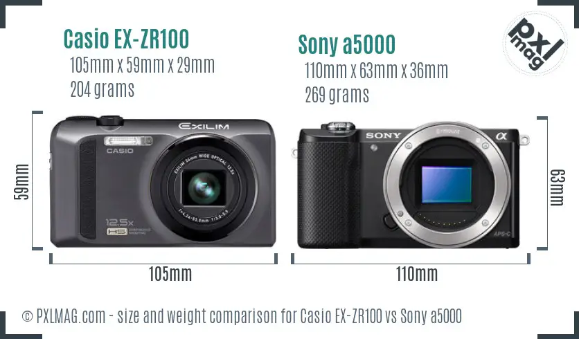 Casio EX-ZR100 vs Sony a5000 size comparison