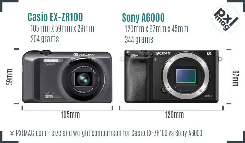 Casio EX-ZR100 vs Sony A6000 size comparison