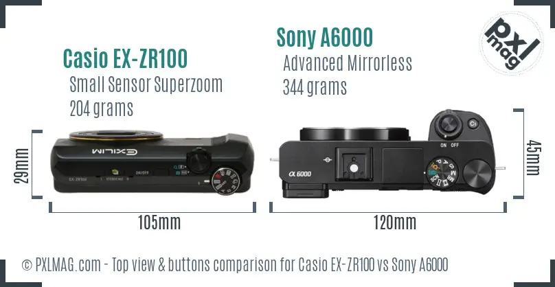 Casio EX-ZR100 vs Sony A6000 top view buttons comparison