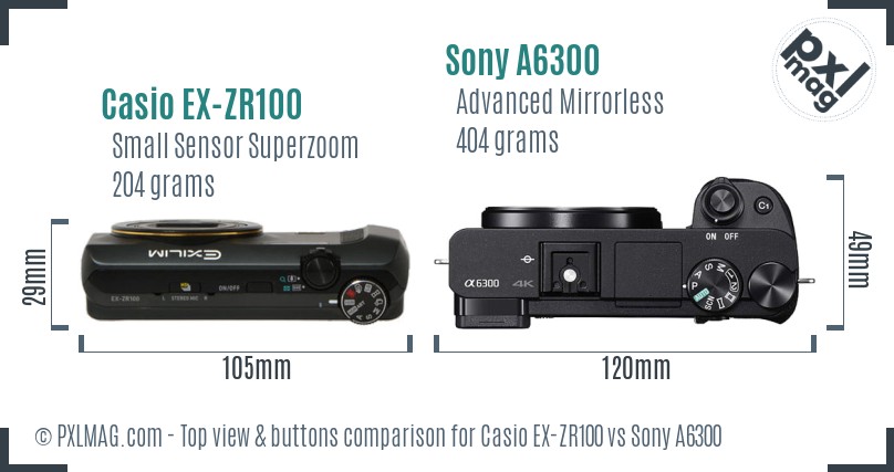 Casio EX-ZR100 vs Sony A6300 top view buttons comparison