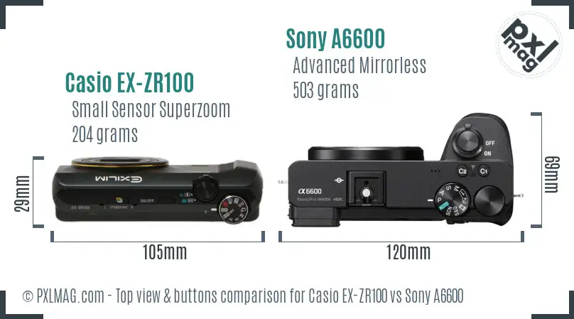 Casio EX-ZR100 vs Sony A6600 top view buttons comparison Casio EX-ZR100 vs Sony A6600 top view buttons comparison