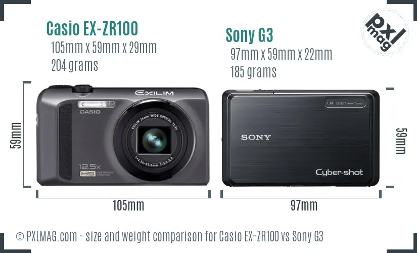 Casio EX-ZR100 vs Sony G3 size comparison