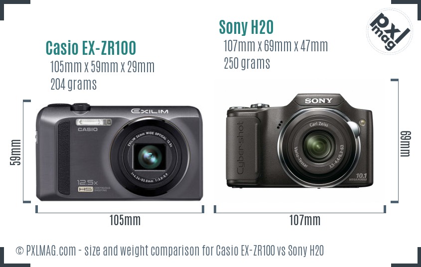 Casio EX-ZR100 vs Sony H20 size comparison