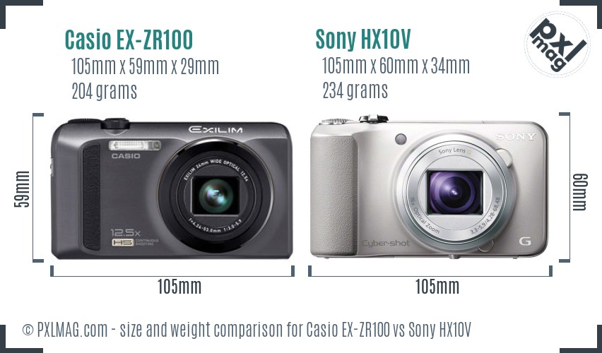Casio EX-ZR100 vs Sony HX10V size comparison