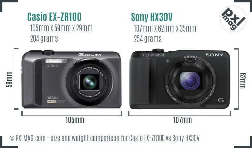 Casio EX-ZR100 vs Sony HX30V size comparison