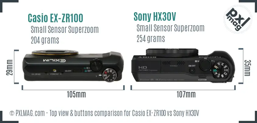 Casio EX-ZR100 vs Sony HX30V top view buttons comparison