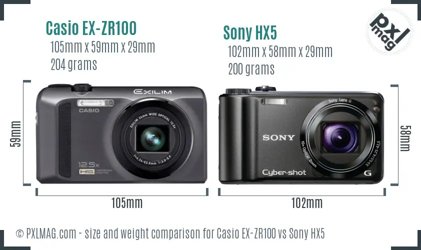 Casio EX-ZR100 vs Sony HX5 size comparison