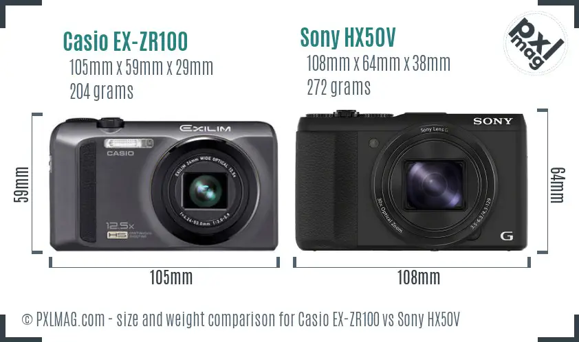 Casio EX-ZR100 vs Sony HX50V size comparison