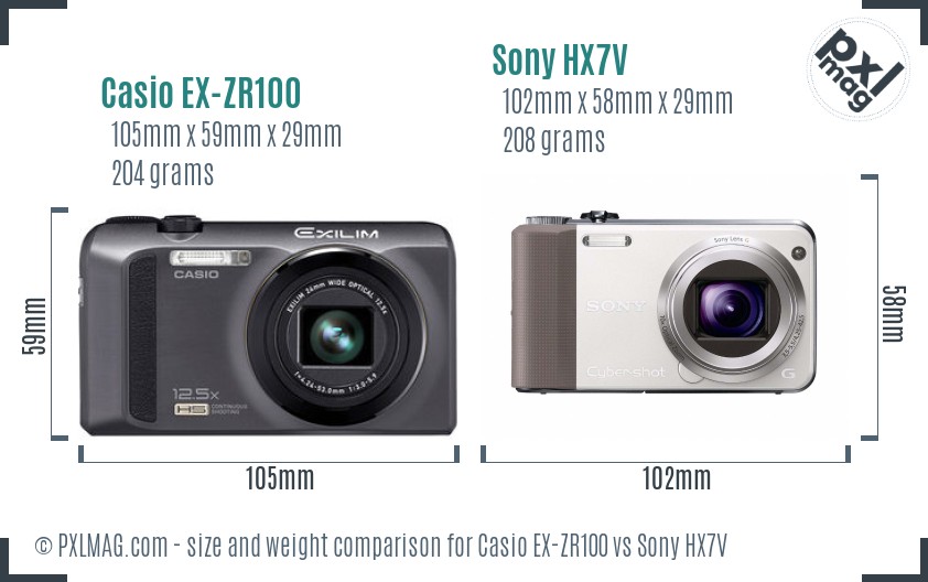 Casio EX-ZR100 vs Sony HX7V size comparison