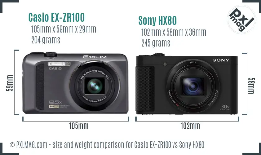 Casio EX-ZR100 vs Sony HX80 size comparison