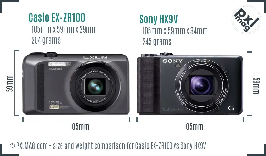 Casio EX-ZR100 vs Sony HX9V size comparison