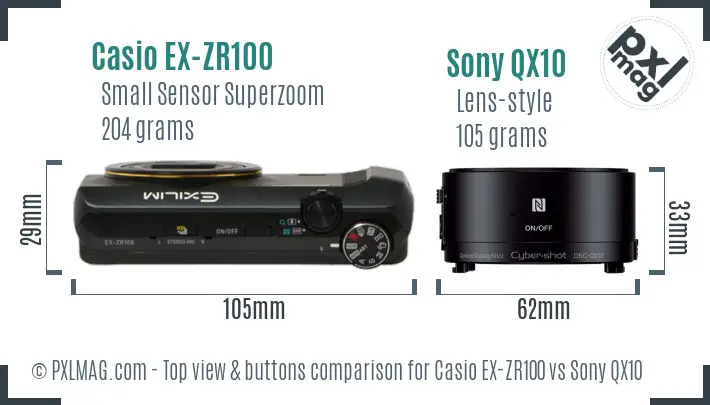 Casio EX-ZR100 vs Sony QX10 top view buttons comparison