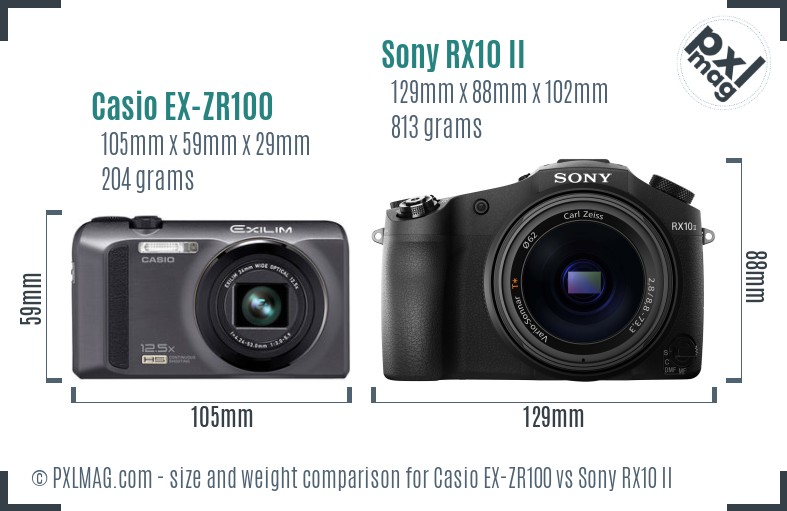 Casio EX-ZR100 vs Sony RX10 II size comparison
