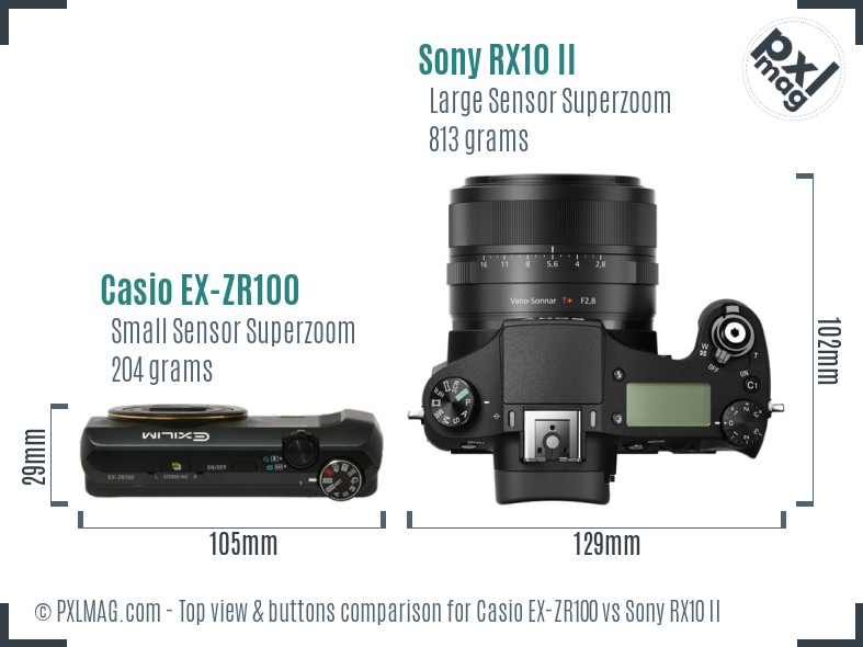 Casio EX-ZR100 vs Sony RX10 II top view buttons comparison