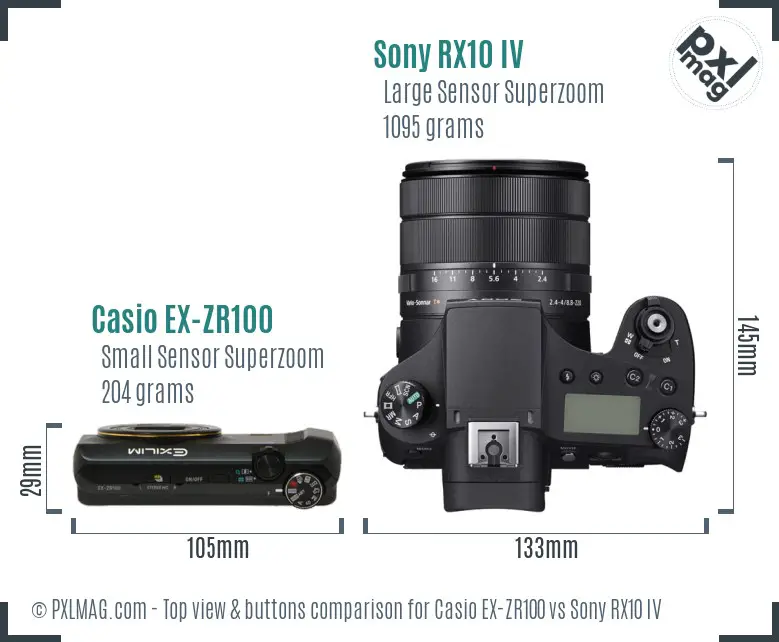 Casio EX-ZR100 vs Sony RX10 IV top view buttons comparison Casio EX-ZR100 vs Sony RX10 IV top view buttons comparison