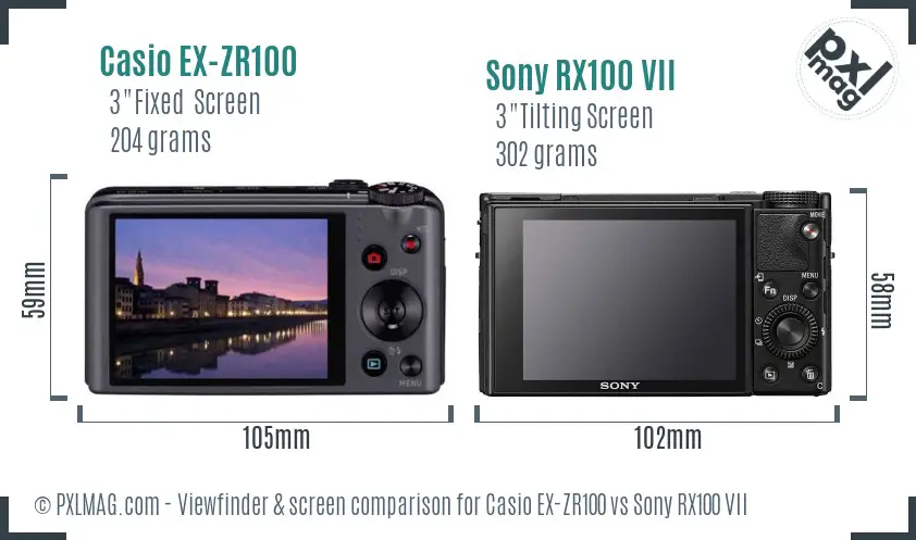 Casio EX-ZR100 vs Sony RX100 VII Screen and Viewfinder comparison