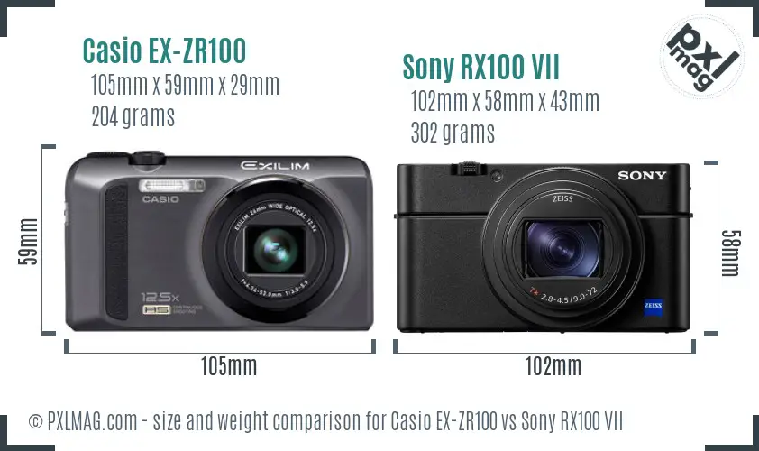 Casio EX-ZR100 vs Sony RX100 VII size comparison