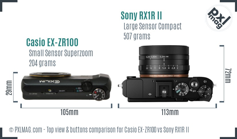 Casio EX-ZR100 vs Sony RX1R II top view buttons comparison