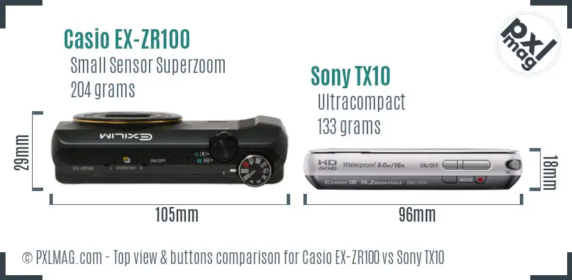 Casio EX-ZR100 vs Sony TX10 top view buttons comparison Casio EX-ZR100 vs Sony TX10 top view buttons comparison