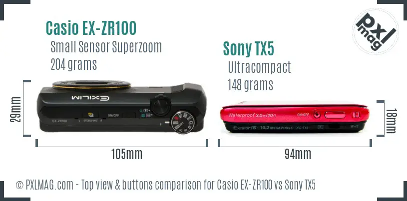 Casio EX-ZR100 vs Sony TX5 top view buttons comparison