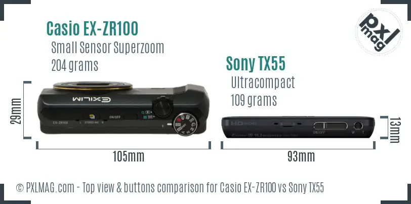Casio EX-ZR100 vs Sony TX55 top view buttons comparison Casio EX-ZR100 vs Sony TX55 top view buttons comparison
