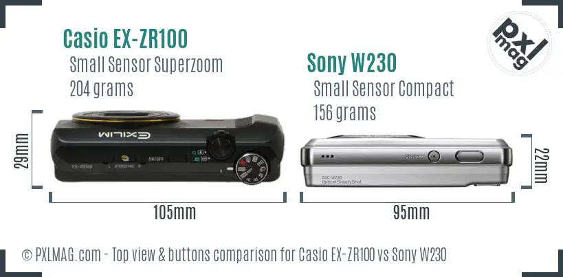 Casio EX-ZR100 vs Sony W230 top view buttons comparison