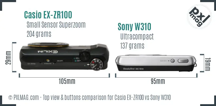 Casio EX-ZR100 vs Sony W310 top view buttons comparison Casio EX-ZR100 vs Sony W310 top view buttons comparison