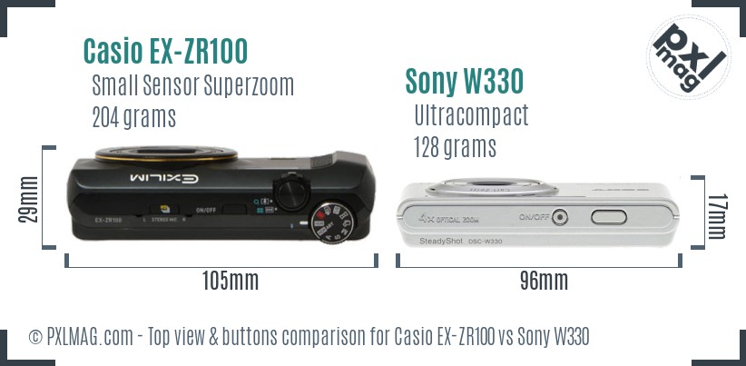 Casio EX-ZR100 vs Sony W330 top view buttons comparison