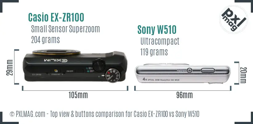 Casio EX-ZR100 vs Sony W510 top view buttons comparison Casio EX-ZR100 vs Sony W510 top view buttons comparison