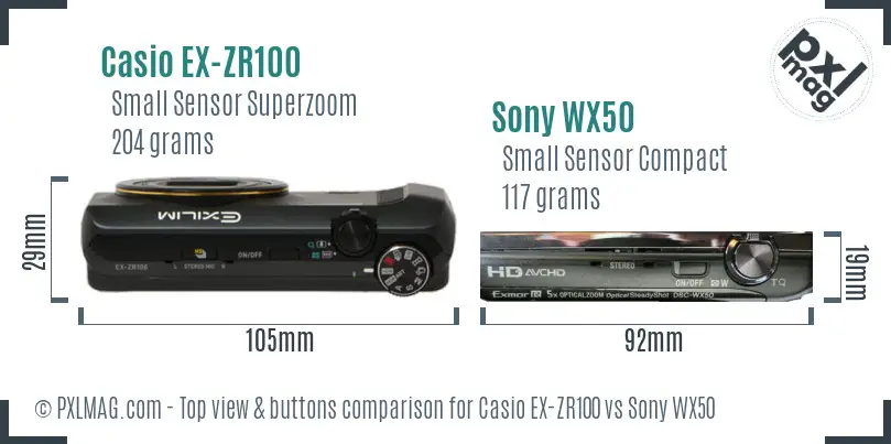 Casio EX-ZR100 vs Sony WX50 top view buttons comparison