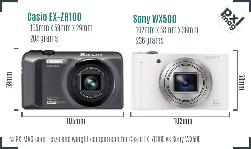 Casio EX-ZR100 vs Sony WX500 size comparison