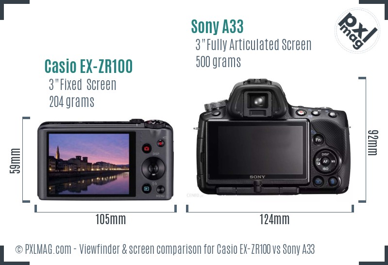 Casio EX-ZR100 vs Sony A33 Screen and Viewfinder comparison