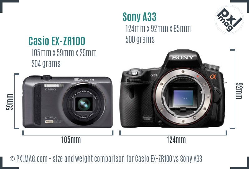 Casio EX-ZR100 vs Sony A33 size comparison