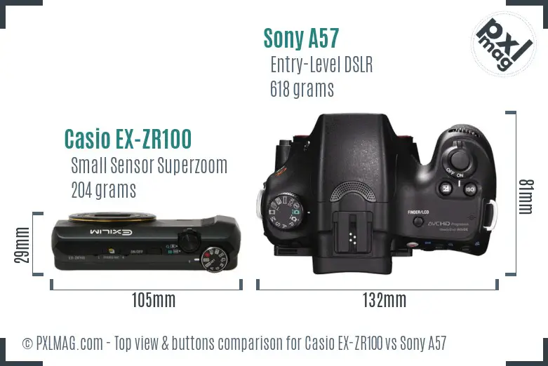 Casio EX-ZR100 vs Sony A57 top view buttons comparison