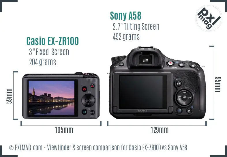 Casio EX-ZR100 vs Sony A58 Screen and Viewfinder comparison