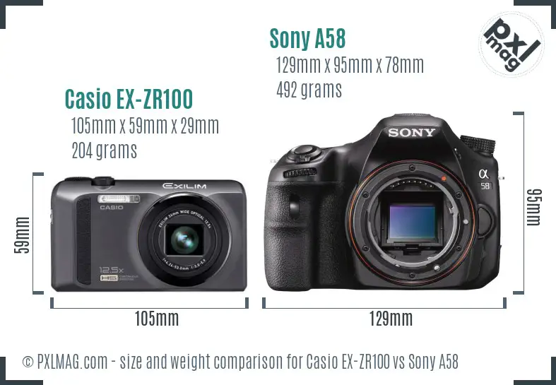 Casio EX-ZR100 vs Sony A58 size comparison