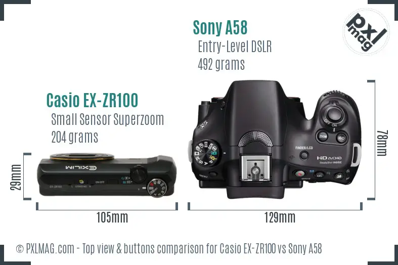 Casio EX-ZR100 vs Sony A58 top view buttons comparison