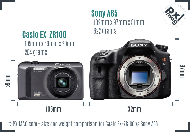 Casio EX-ZR100 vs Sony A65 size comparison