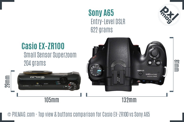 Casio EX-ZR100 vs Sony A65 top view buttons comparison