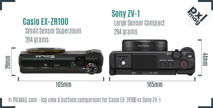 Casio EX-ZR100 vs Sony ZV-1 top view buttons comparison